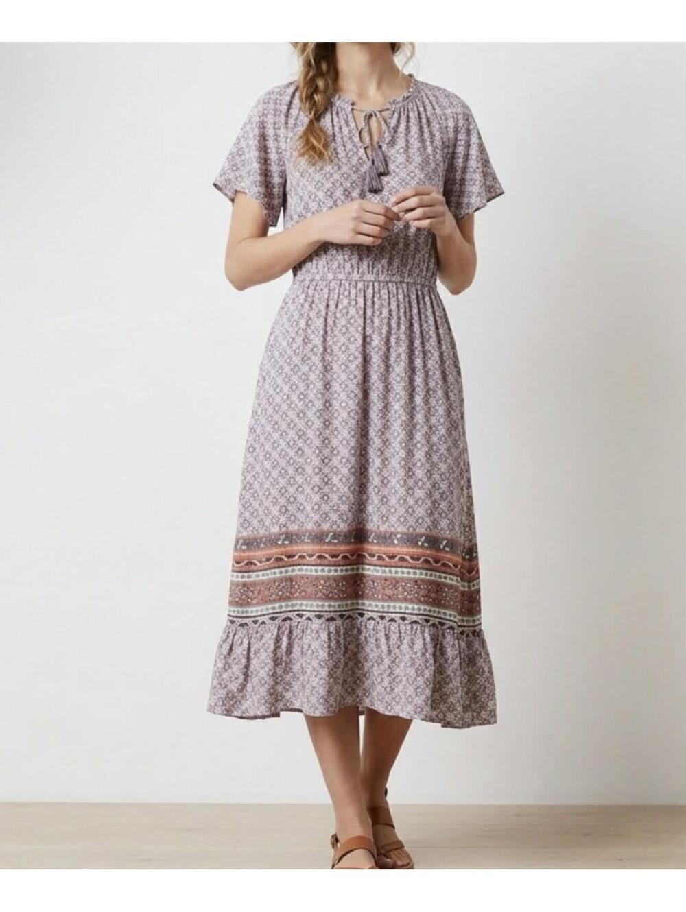 Knox Rose Floral Flutter Short Sleeve Boho Maxi Dress with Tassel Tie - Size M